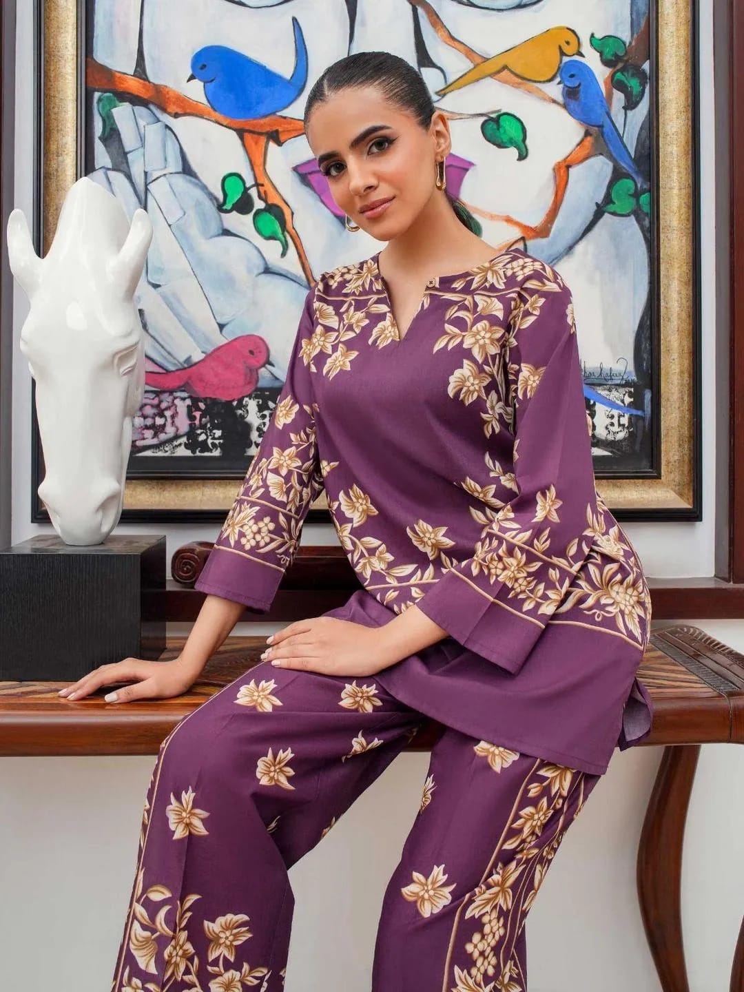 Stylish Printed Shamose Silk Shirt And Trouser Set - 2 Pcs