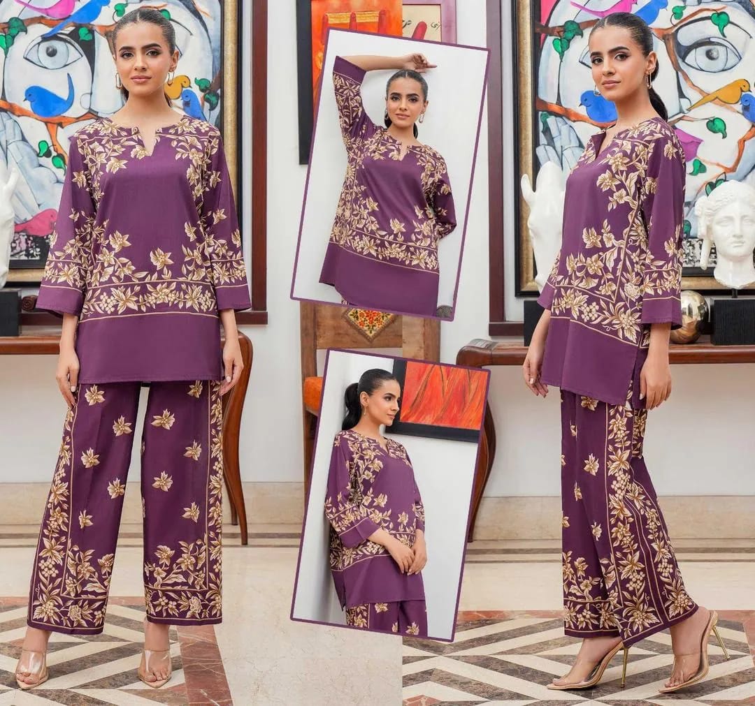 Stylish Printed Shamose Silk Shirt And Trouser Set - 2 Pcs