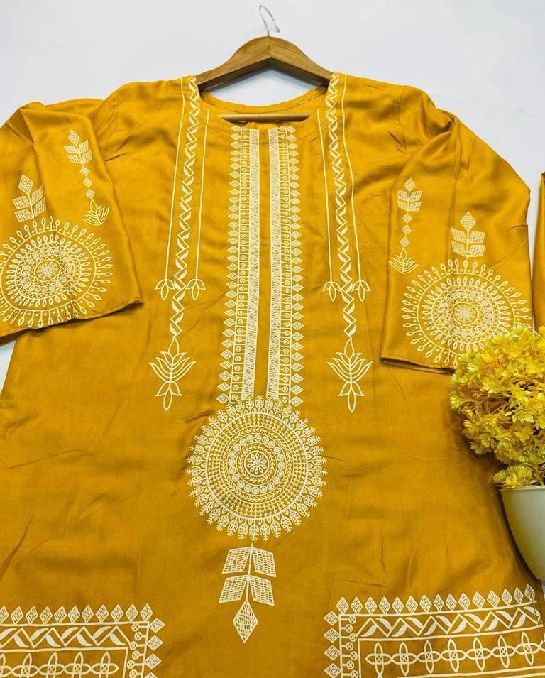 2 Pcs Women's Stitched Linen Block Printed Suit