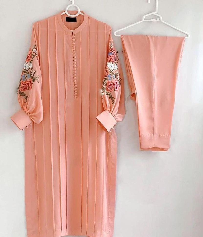 2 Pcs Women's Stitched Linen Embroidered Shirt And Trouser