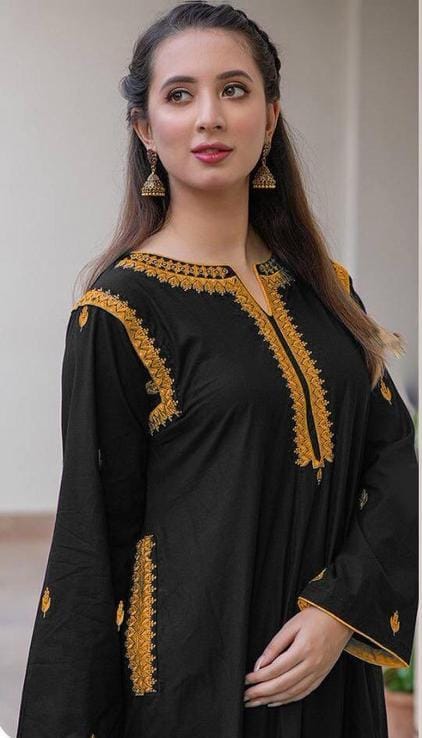 2 Pcs Women's Stitched Linen Embroidered Shirt And Trouser