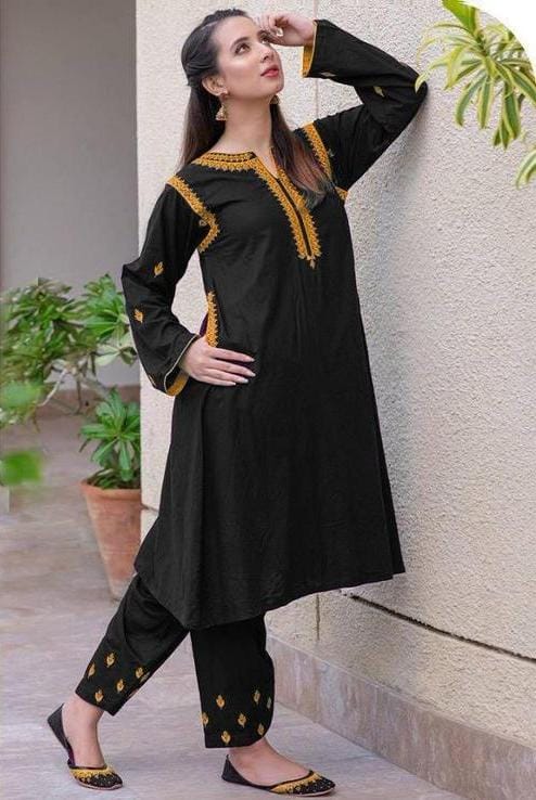 2 Pcs Women's Stitched Linen Embroidered Shirt And Trouser