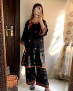 2 Pcs Women's Stitched Linen Embroidered Shirt And Trouser