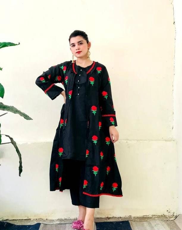 3 Pcs Women's Stitched Silk Embroidered Gown