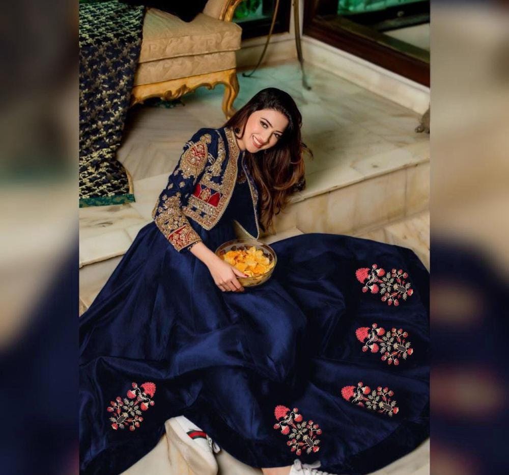 2 Pcs Women's Stitched Silk Plain Maxi With Embroidered Jacket