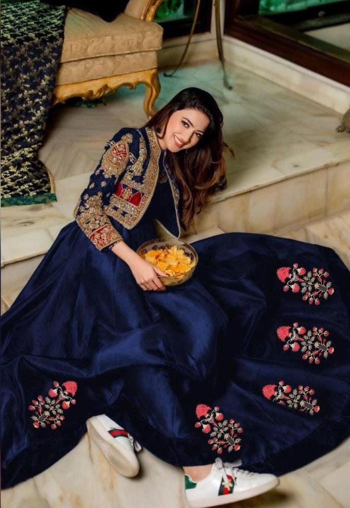 2 Pcs Women's Stitched Silk Plain Maxi With Embroidered Jacket