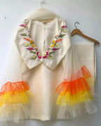 Elegant Women's Stitched Silk Suit - 3 Pcs - Embroidered Shirt and Plain Trouser with Net Dupatta