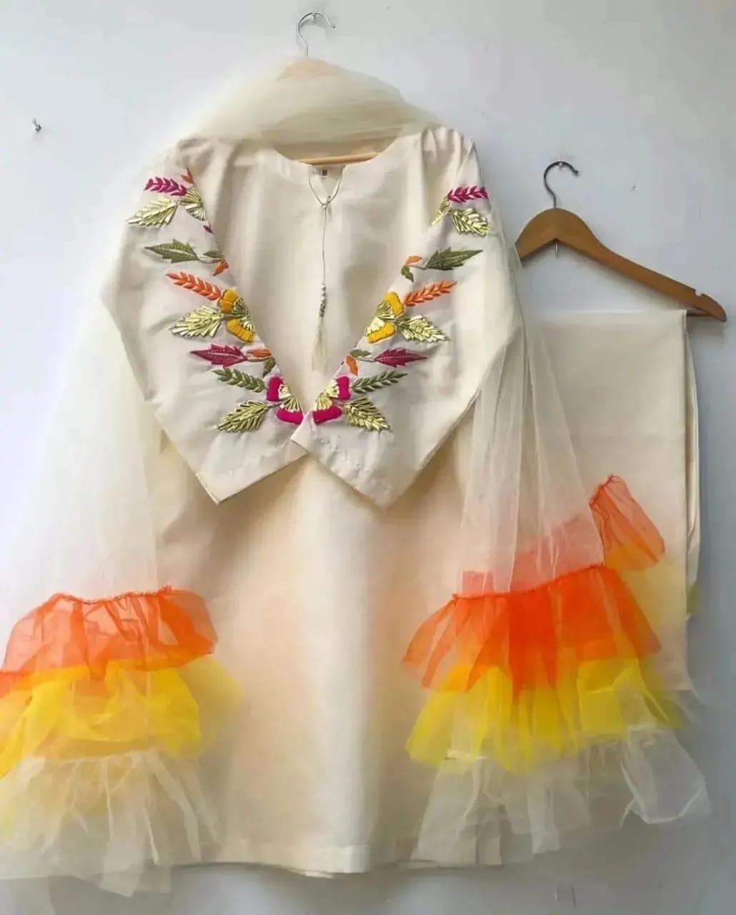 Elegant Women's Stitched Silk Suit - 3 Pcs - Embroidered Shirt and Plain Trouser with Net Dupatta