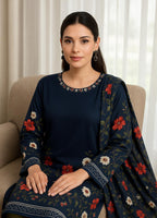 3 Pcs Women's Stitched Printed Shamoz Silk Embroidered Suit