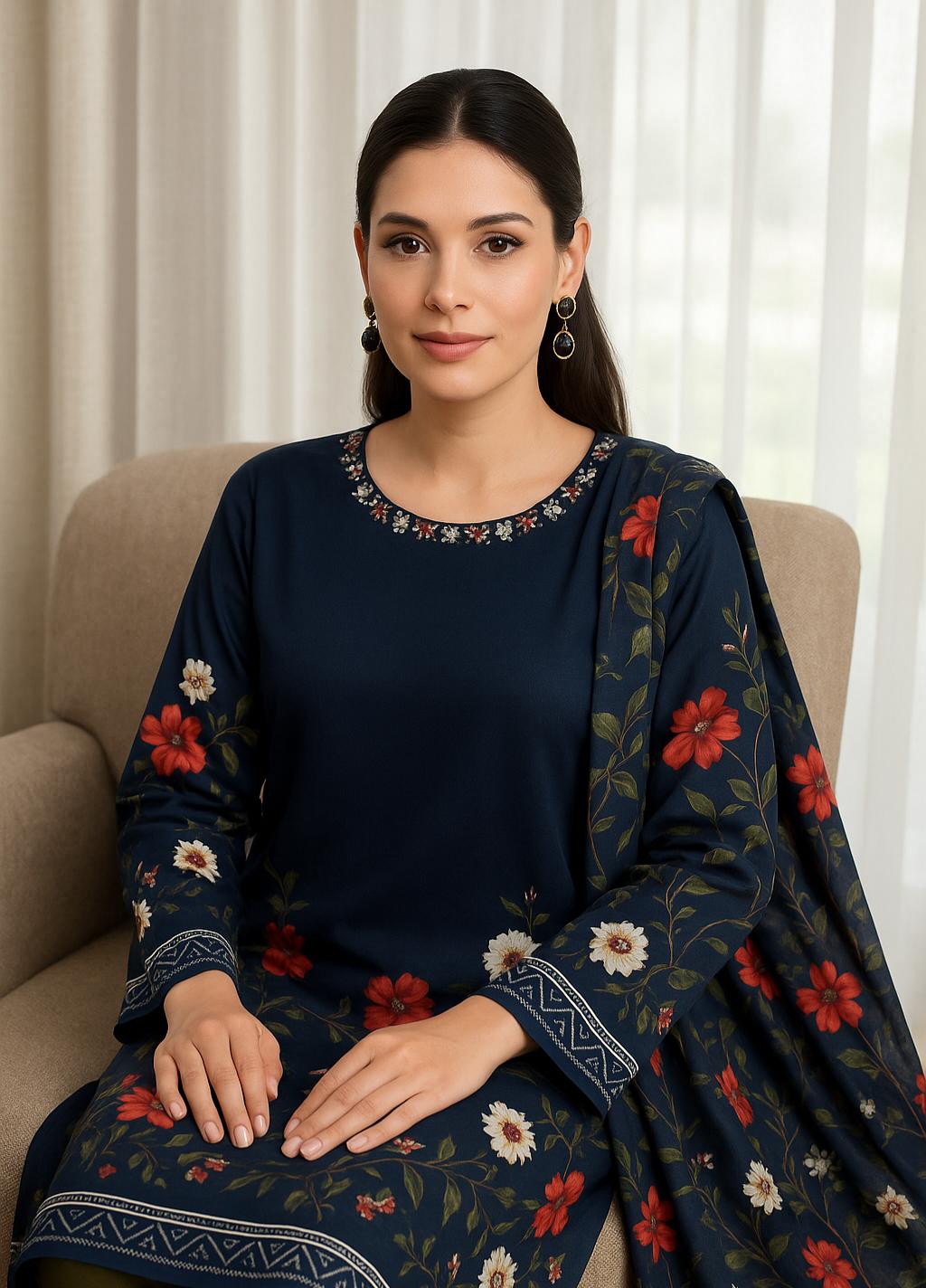 3 Pcs Women's Stitched Printed Shamoz Silk Embroidered Suit