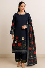 3 Pcs Women's Stitched Printed Shamoz Silk Embroidered Suit