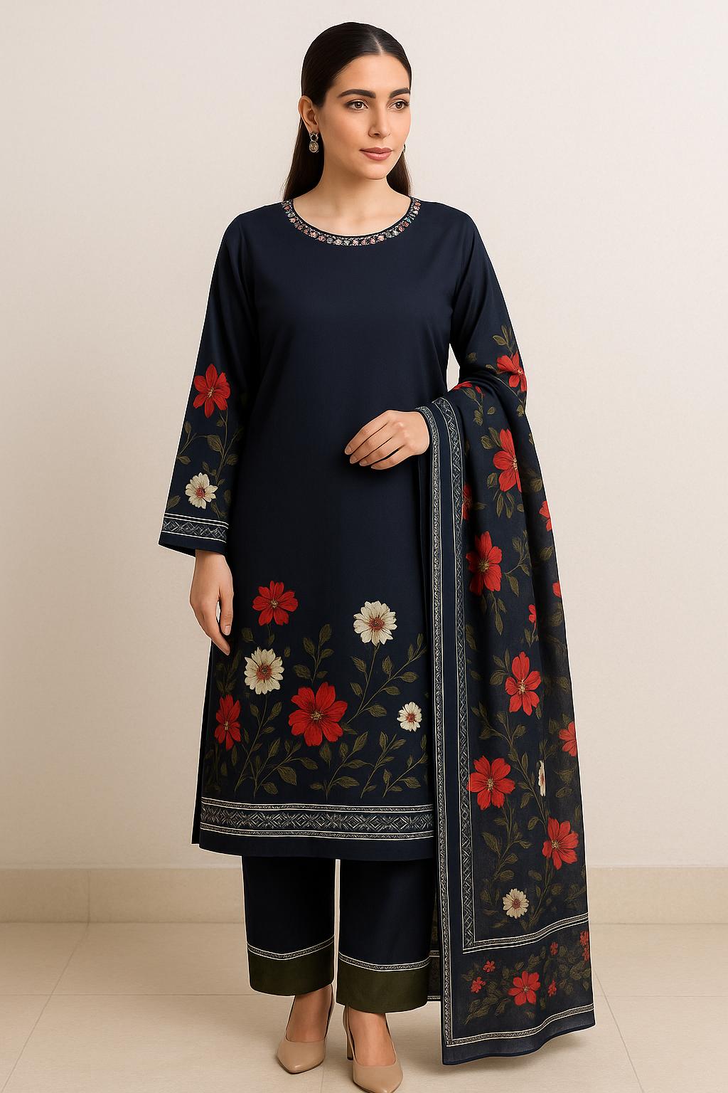 3 Pcs Women's Stitched Printed Shamoz Silk Embroidered Suit