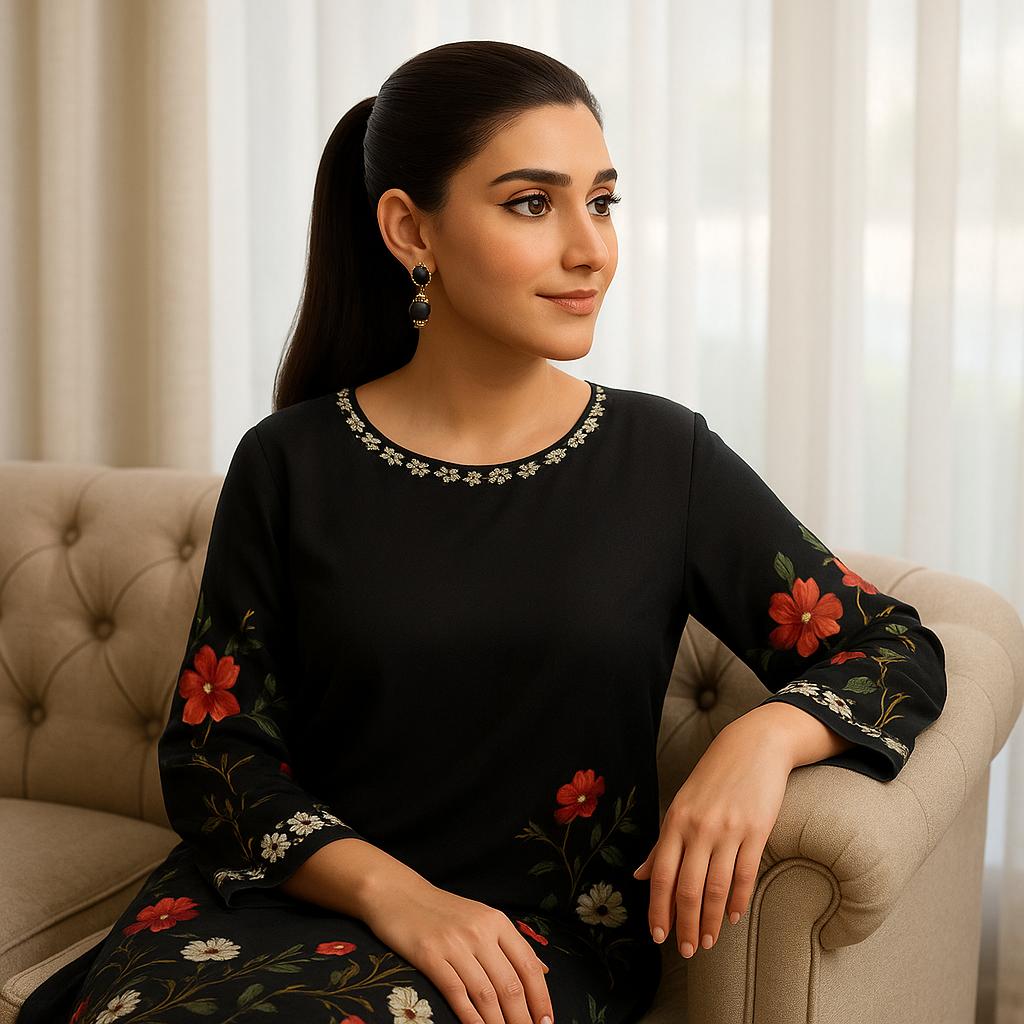 3 Pcs Women's Stitched Printed Shamoz Silk Embroidered Suit