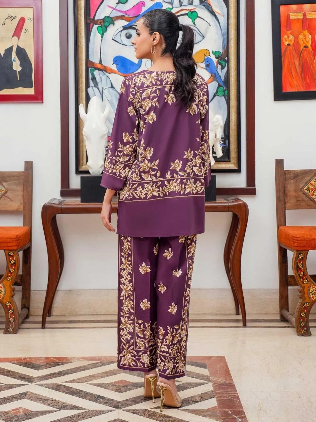 Stylish Printed Shamose Silk Shirt And Trouser Set - 2 Pcs