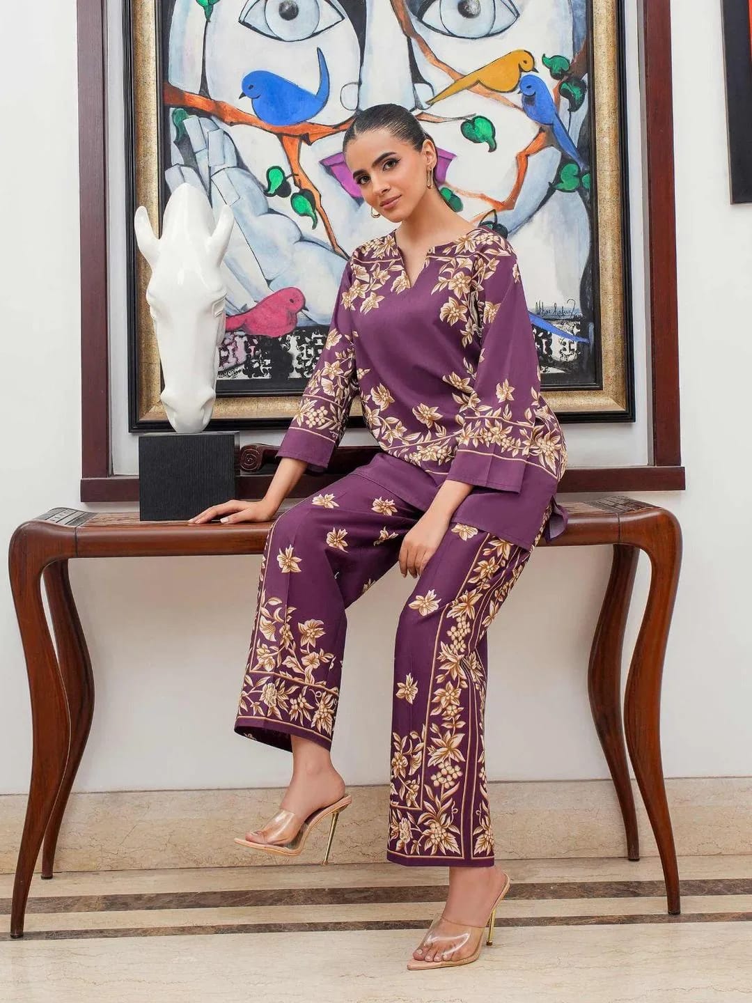 Stylish Printed Shamose Silk Shirt And Trouser Set - 2 Pcs
