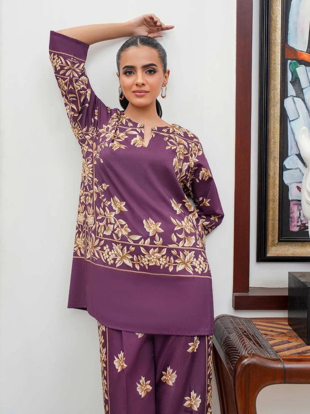 Stylish Printed Shamose Silk Shirt And Trouser Set - 2 Pcs