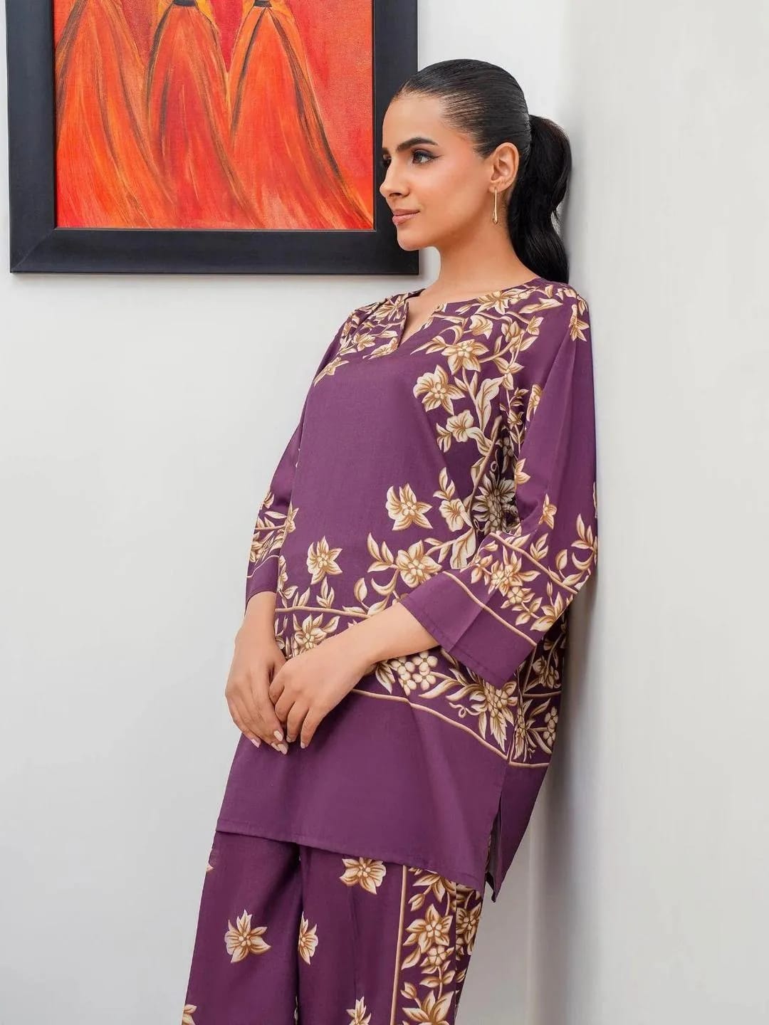 Stylish Printed Shamose Silk Shirt And Trouser Set - 2 Pcs