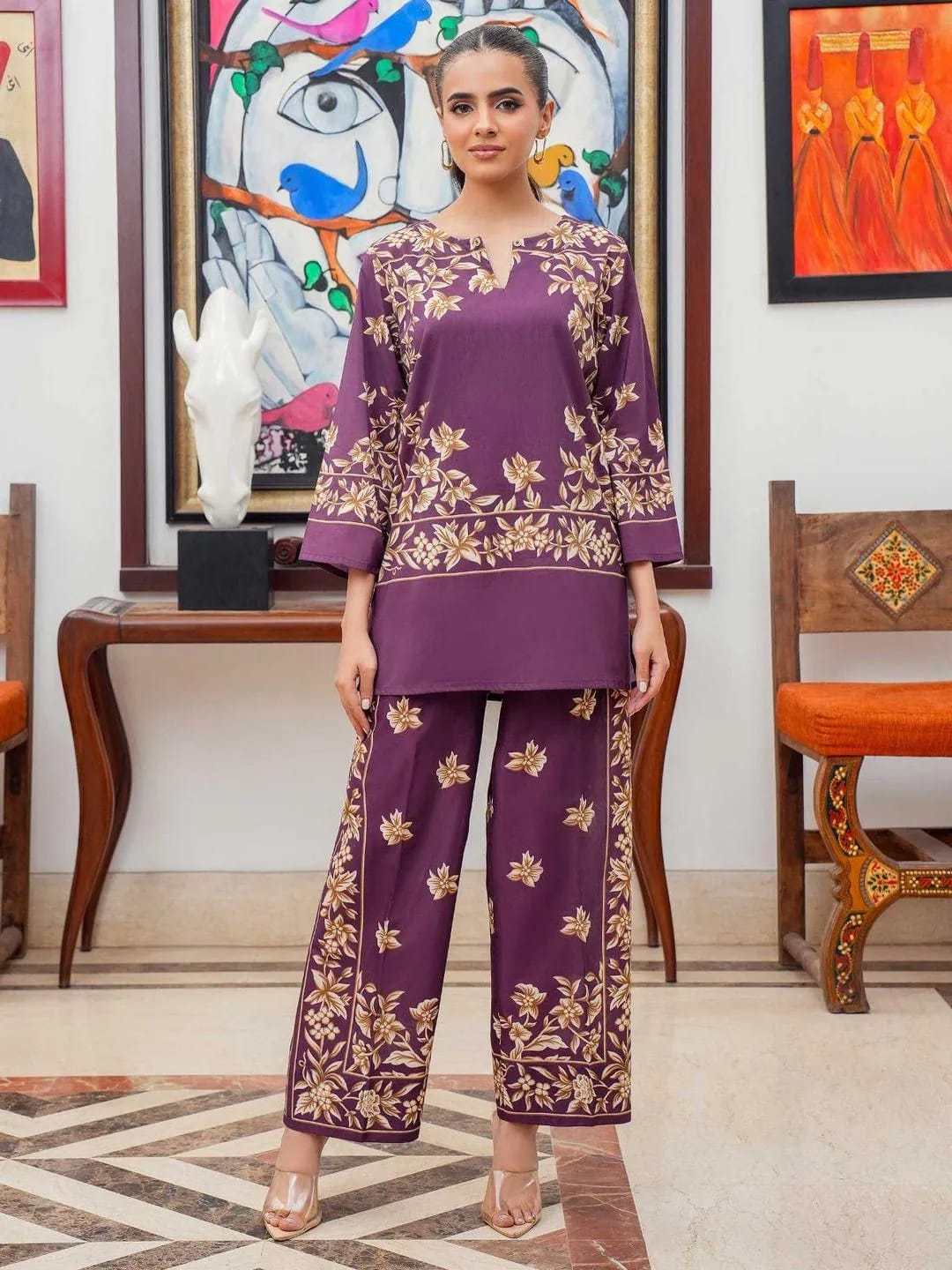Stylish Printed Shamose Silk Shirt And Trouser Set - 2 Pcs